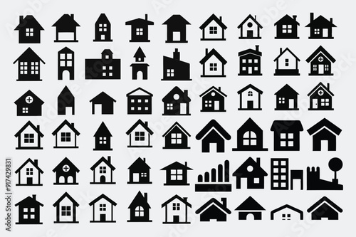 House Flat Black Silhouette Line Icons Set - Clean Vector Illustration with Smooth Path on White Background
