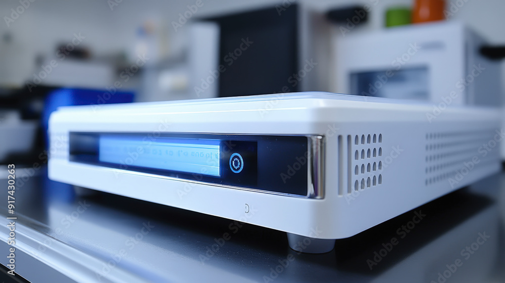 A modern, sleek white electronic device with an illuminated display and power button on a reflective surface, likely used in a technological or medical setting. A modern, sleek white electronic device with an illuminated display and power button on a reflective surface, likely used in a technological or medical setting.
