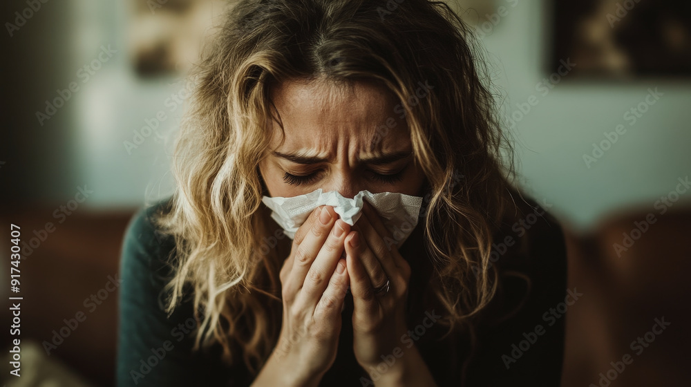 A person with blonde curly hair blows their nose into a tissue, appearing unwell and distressed, possibly dealing with a cold or allergies. A person with blonde curly hair blows their nose into a tissue, appearing unwell and distressed, possibly dealing with a cold or allergies.