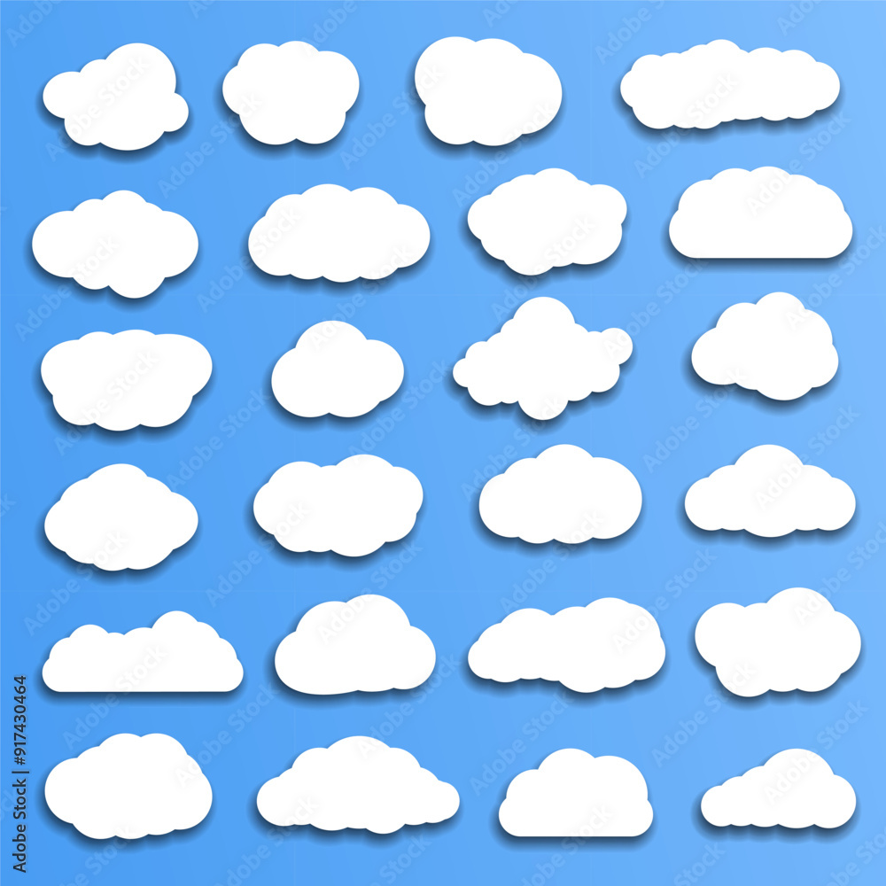 Set of white different cartoon clouds with shadows on blue sky background. Flat design. vector illustration. paper cut effect. Set of white different cartoon clouds with shadows on blue sky background. Flat design. vector illustration. paper cut effect.