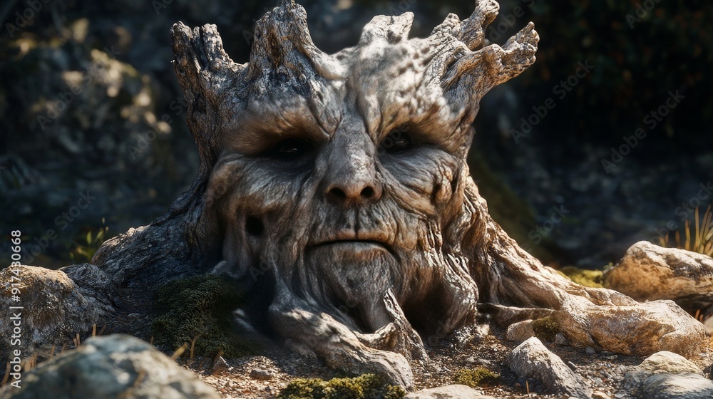 A large tree stump with a face carved into it A large tree stump with a face carved into it
