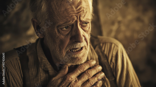 Elderly man wearing a pensive expression, resting his hand on his chest, creating an atmosphere of concern or deep contemplation in sepia tones.