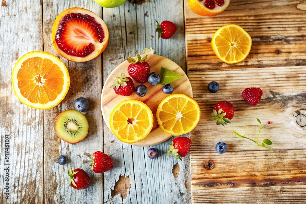 Polished light wood with a few scattered fresh fruit slices, top view Polished light wood with a few scattered fresh fruit slices, top view