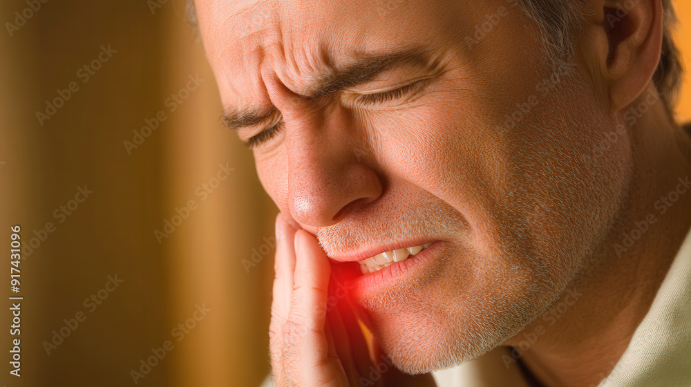 Obraz premium A man is holding his cheek and wincing in pain, indicating that he may be experiencing a toothache or facial discomfort.