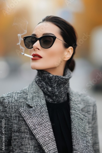 Confident Woman in Sunglasses Stands on Urban Street at Dusk