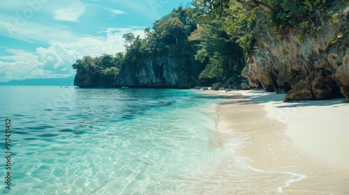 A tranquil beach with crystal-clear water and white sand.