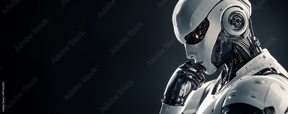Robot thinking on black background with copy space Robot thinking on black background with copy space