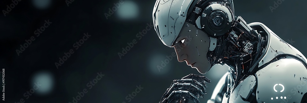 Robot thinking on black background with copy space Robot thinking on black background with copy space
