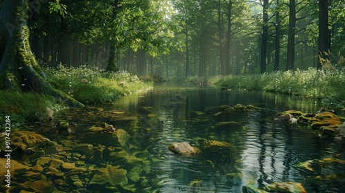 A tranquil forest clearing with a crystal-clear stream.