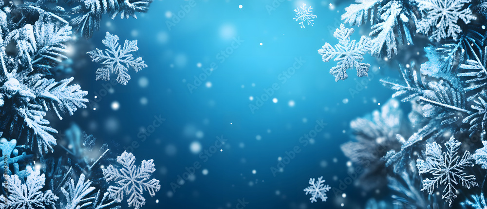 Snowflake border, Christmas background with white snowflakes frame on a blue background with copy space design Snowflake border, Christmas background with white snowflakes frame on a blue background with copy space design
