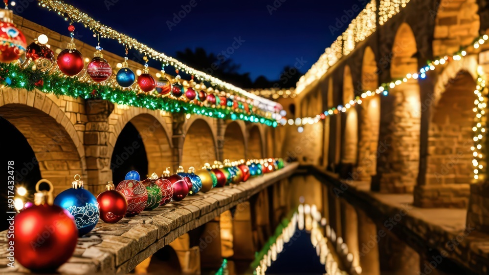 Obraz premium Christmas Ornaments Under Arched Bridge at Night.