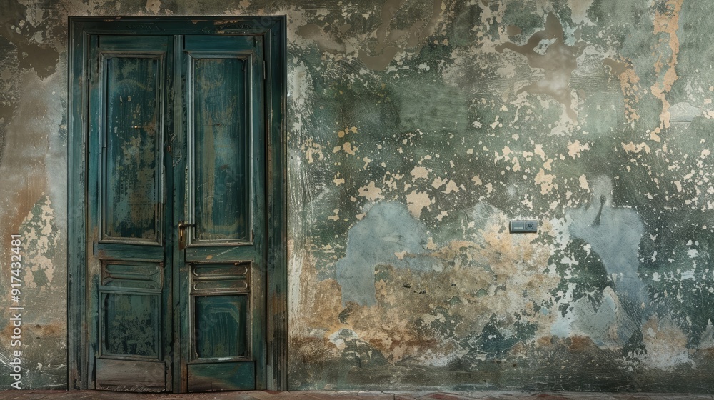Aged green door with plaster wall backdrop Aged green door with plaster wall backdrop