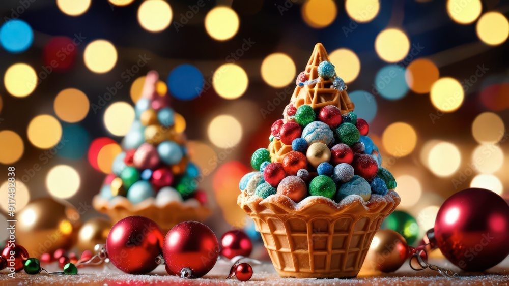 Christmas Tree Made Of Baubles In A Waffle Cone With Festive Lights. Christmas Tree Made Of Baubles In A Waffle Cone With Festive Lights.