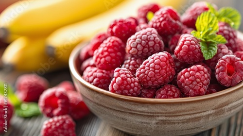 Fresh Raspberries and Bananas in a Bowl on a Wooden Table