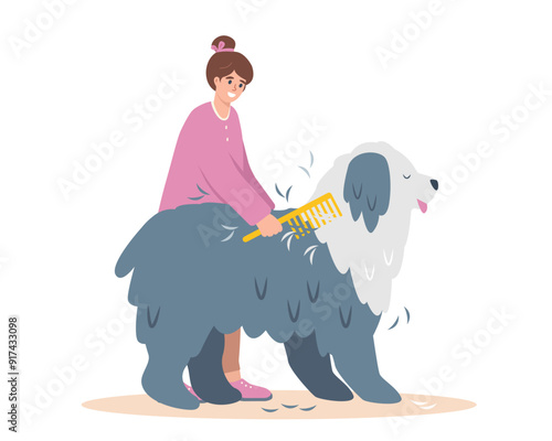 Young woman combing shaggy dog. Happy fluffy Dog and girl. Pet and owner. Adoption, charity, love, volunteering, pet care or help concept. Vector flat illustration isolated on white background.