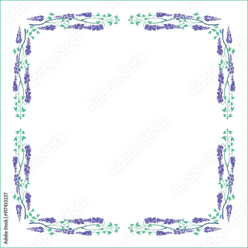 Elegant green vegetal ornamental frame with purple glycine flowers, decorative border, corners for greeting cards, banners, business cards, invitations, menus. Isolated vector illustration.	
