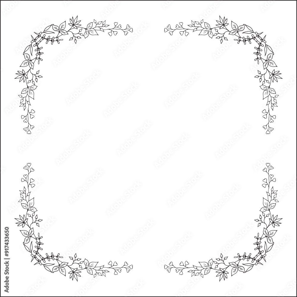 Vegetal floral frame with leaves and flowers, decorative corners for greeting cards, banners, business cards, invitations, menus. Isolated vector illustration.
Vegetal floral frame with leaves and flowers, decorative corners for greeting cards, banners, business cards, invitations, menus. Isolated vector illustration.