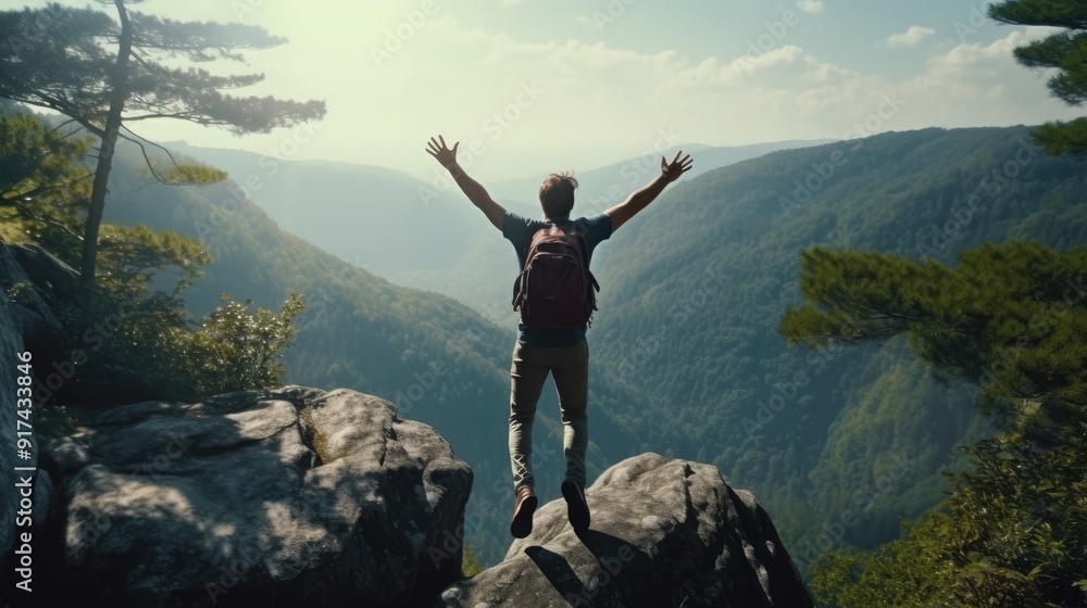 A man exuberantly leaps with arms raised at a mountain peak, embodying triumph and adventure. Ideal for themes of personal achievement, outdoor success, and a sense of freedom in nature. A man exuberantly leaps with arms raised at a mountain peak, embodying triumph and adventure. Ideal for themes of personal achievement, outdoor success, and a sense of freedom in nature.