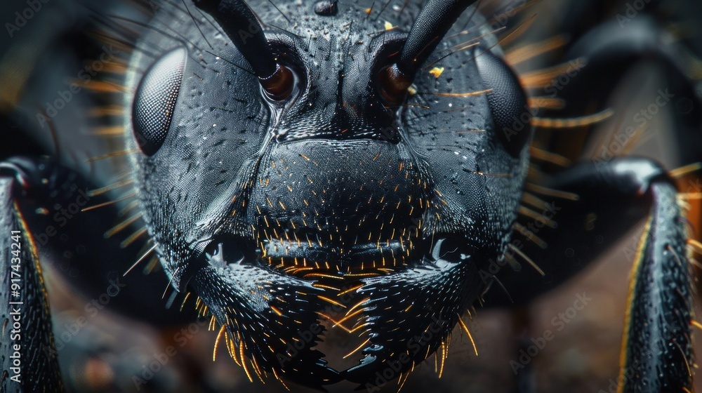 Fototapeta premium Black ant face photo using extreme macro techniques.Extreme Close-up