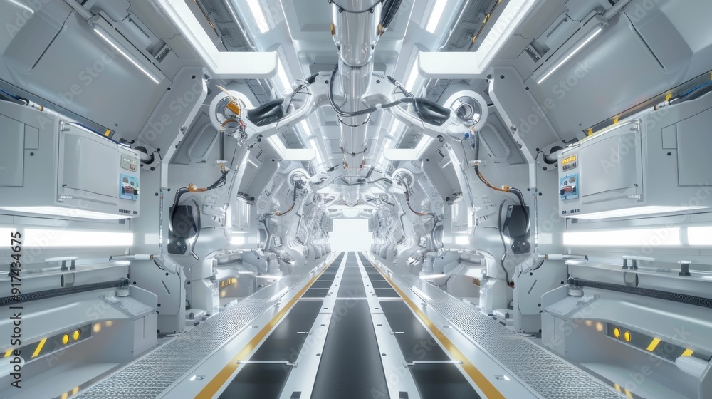Car Factory 3D Render: Automated Robot Arm Assembly Line Manufacturing High-Tech Green Energy Electric Vehicles. Automatic Construction, Building, Welding Industrial Production Conveyor. Front View, Car Factory 3D Render: Automated Robot Arm Assembly Line Manufacturing High-Tech Green Energy Electric Vehicles. Automatic Construction, Building, Welding Industrial Production Conveyor. Front View,