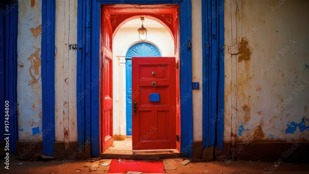 Fototapeta premium Red Doorway in a Peeling Wall.
