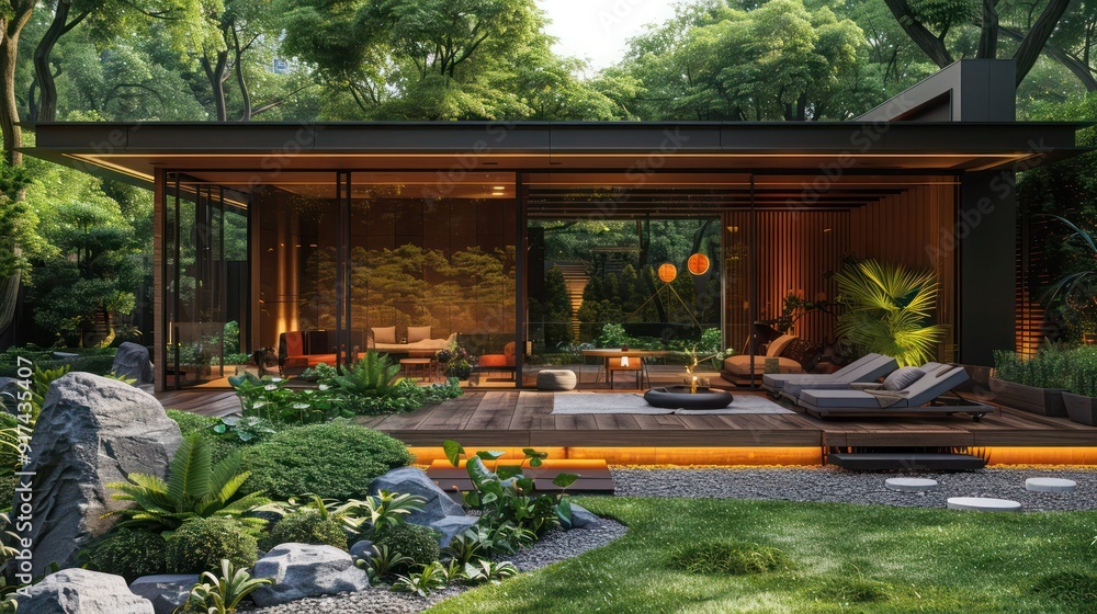 Japanese green tropical garden, Shed with terrace and garden furniture Japanese green tropical garden, Shed with terrace and garden furniture