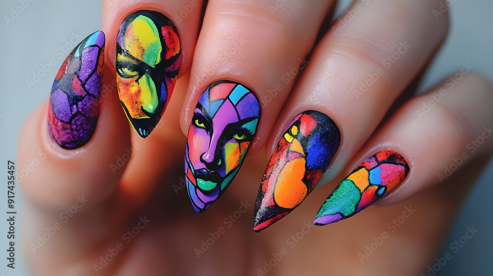 A person showing off their colorful nail art featuring the JoKeR's face, with vibrant colors and intricate details on each manicure, focusing on the hand A person showing off their colorful nail art featuring the JoKeR's face, with vibrant colors and intricate details on each manicure, focusing on the hand
