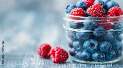 Fresh Raspberries And Blueberries In A Glass Bowl On A Gray Surface