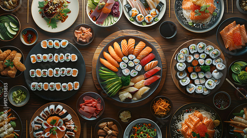 Japanese restaurant dinner table spread in top-down view, array of beautifully plated sushi, sashimi, tempura, surrounded, fresh salads, traditional Japanese food