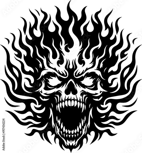 human skull small fractures angry yelling with flames