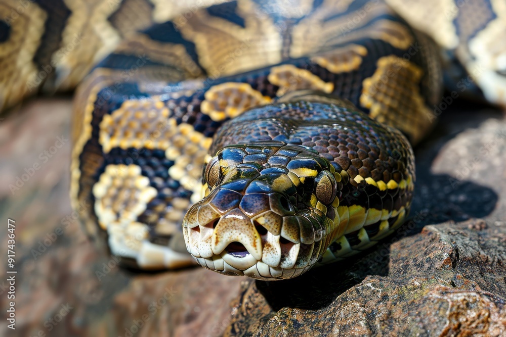 Big multi-colored python snake crawling on the ground. Beautiful simple AI generated image in 4K, unique. Big multi-colored python snake crawling on the ground. Beautiful simple AI generated image in 4K, unique.