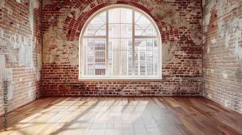 Vacant space with arched window and wood flooring. Brick wall in loft setting. Empty studio or office.