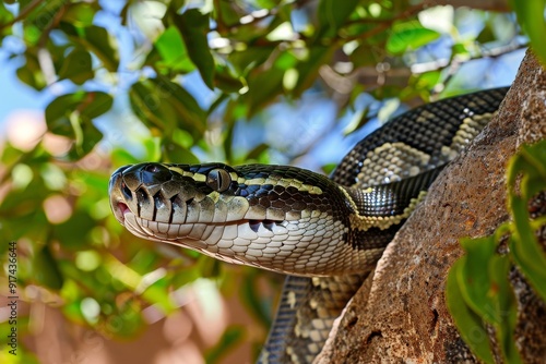 Close up of ball python on a branch, non-venomous snake, python regius. Beautiful simple AI generated image in 4K, unique.