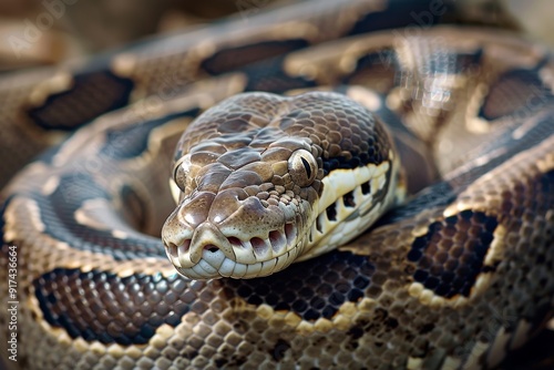 Close-up of a python. Snake isolated on a blurred background. Snake head and eyes.. Beautiful simple AI generated image in 4K, unique.