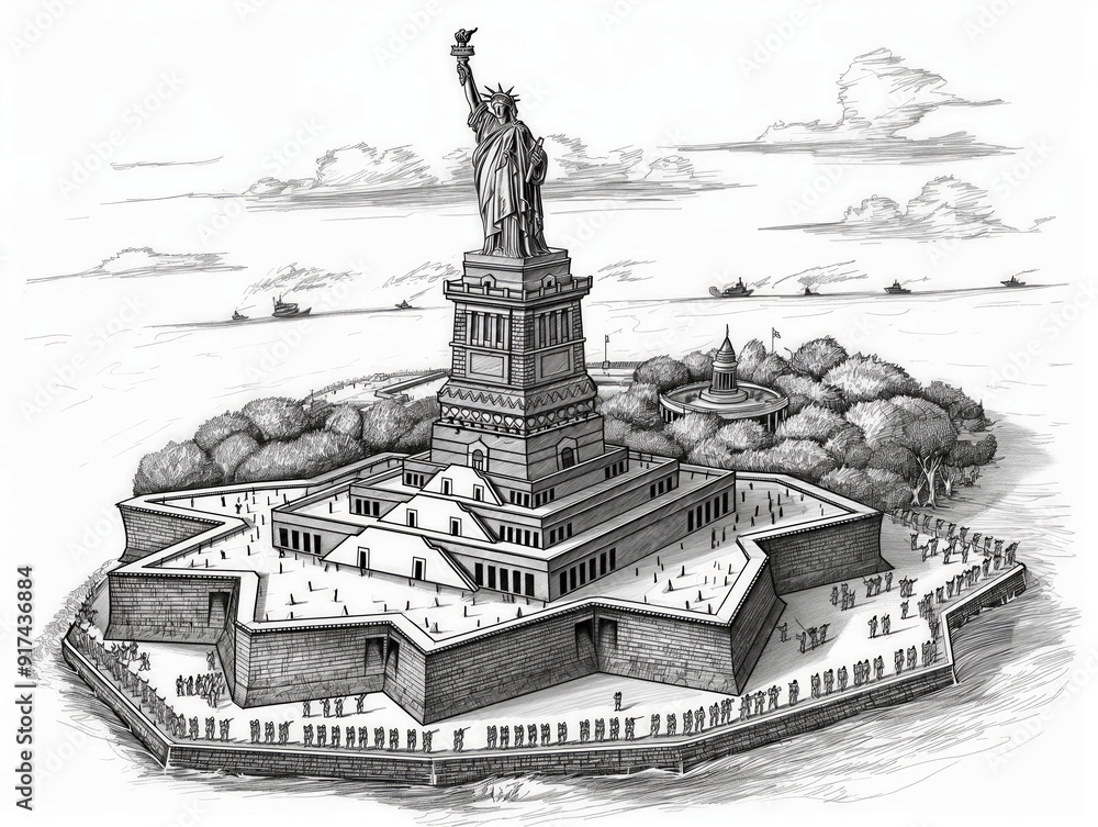 A drawing of a large statue of a woman with a torch in her hand. The statue is surrounded by a large fort and a group of people are walking around it