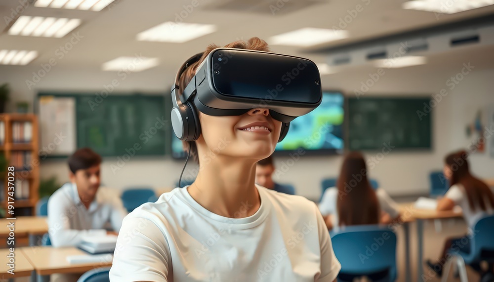 Student wearing VR headset in classroom. Student wearing VR headset in classroom.