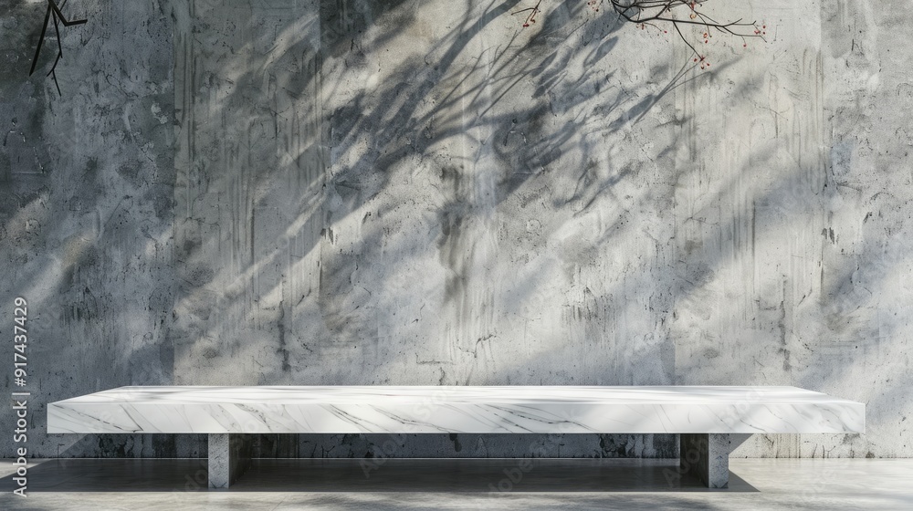 White marble table with tree shadow bokeh on concrete wall background for product presentation. White marble table with tree shadow bokeh on concrete wall background for product presentation.