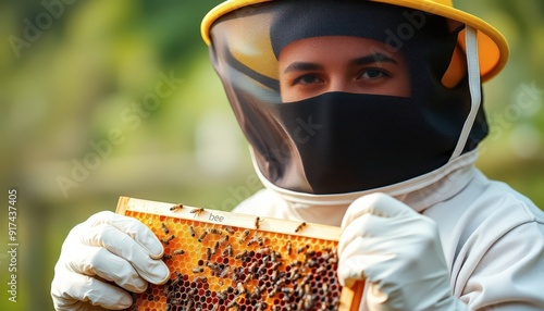 Beekeeper Holding Honeycomb Frame. photo