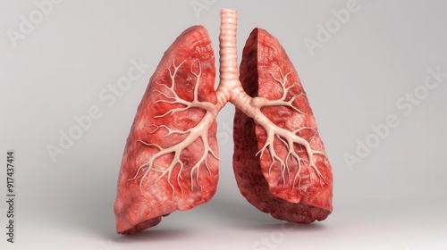 Realistic 3D model of human lungs showcasing detailed bronchial structure and lung anatomy in vibrant coloration.