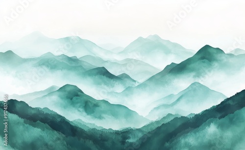 An oil painting on canvas with a brush texture and a detailed landscape with clouds and fog as wallpaper design. The walls are monochrome and green.