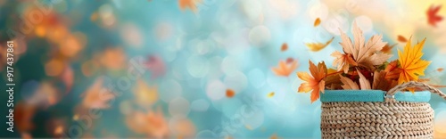 Autumn Leaves Falling From Basket Against Soft Blue Background