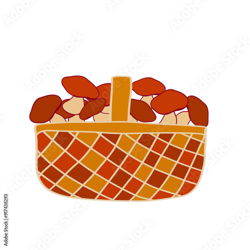 A basket filled with assorted red and brown mushrooms on a plain background