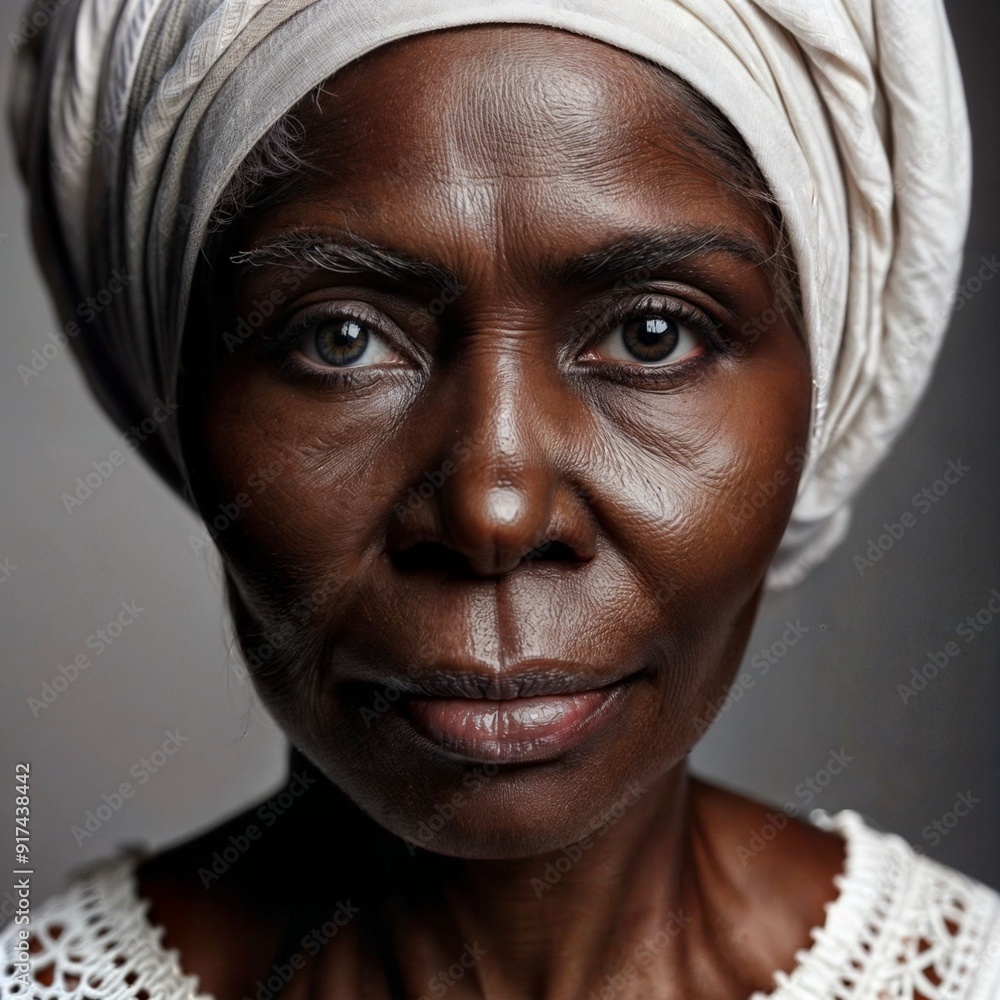 A close-up portrait of an elderly African-American woman. She appears to be in her late 60s or early 70s, with wrinkled skin and wrinkles on her face. She is wearing a white turban on her head. A close-up portrait of an elderly African-American woman. She appears to be in her late 60s or early 70s, with wrinkled skin and wrinkles on her face. She is wearing a white turban on her head.