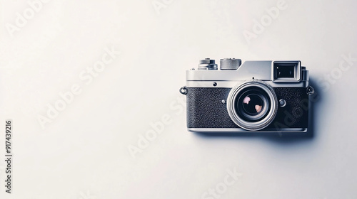 Photo camera on a minimalist white background with copy space, world photography day