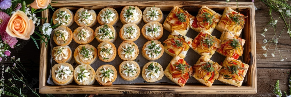 Cheese Rolls and Canapes on Rustic Wooden Tray with Floral Decor Wedding Day Appetizers Cheese Rolls and Canapes on Rustic Wooden Tray with Floral Decor Wedding Day Appetizers