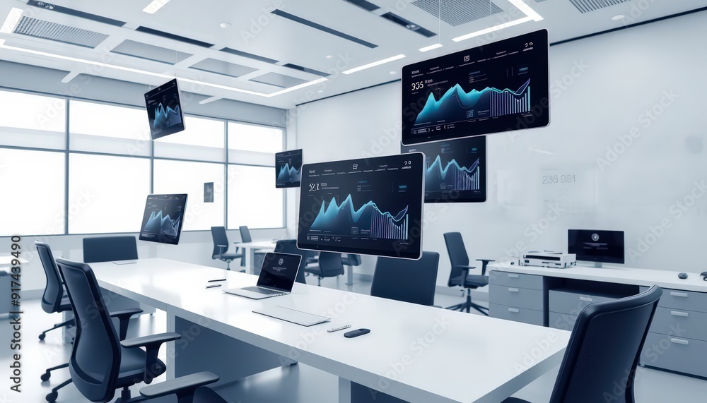 Modern office interior with floating screens displaying graphs and charts. Modern office interior with floating screens displaying graphs and charts.