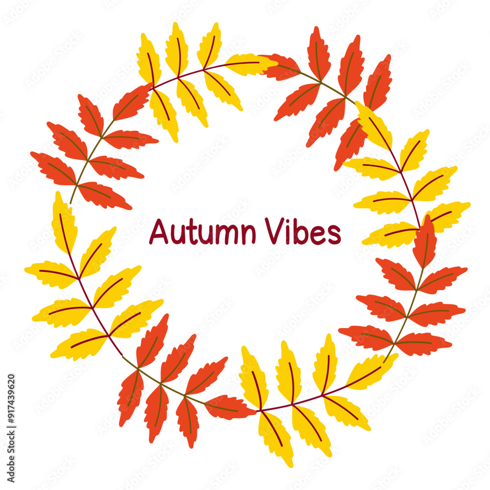 Fototapeta premium Autumn leaves arranged in a circular pattern with the text Autumn Vibes in a warm
