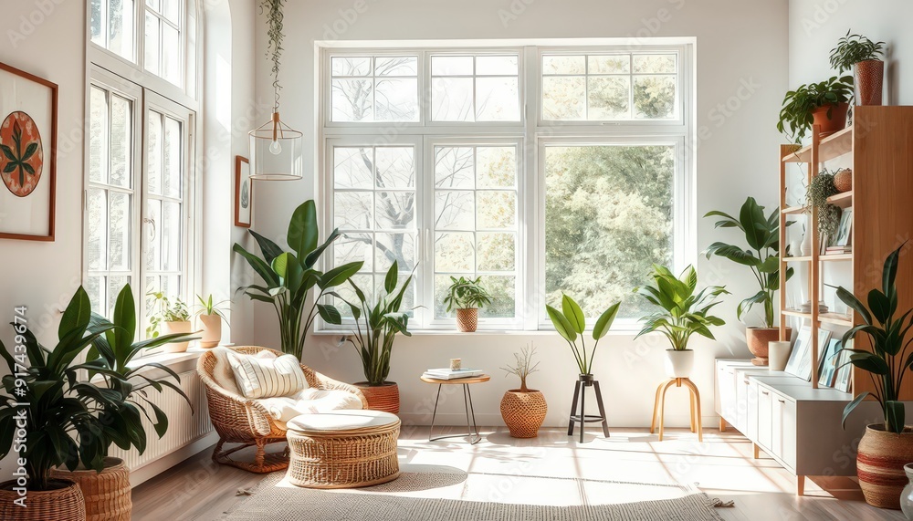 Cozy Living Room with Wicker Furniture and Plants. Cozy Living Room with Wicker Furniture and Plants.