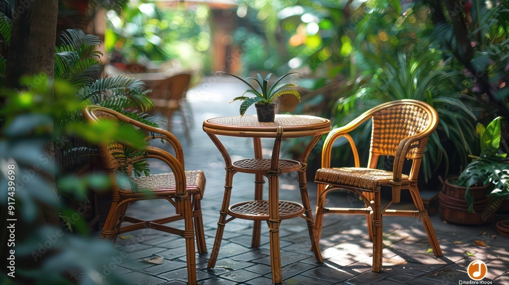 chair in the garden, bamboo and rattan tables and chairs in green tropical garden chair in the garden, bamboo and rattan tables and chairs in green tropical garden