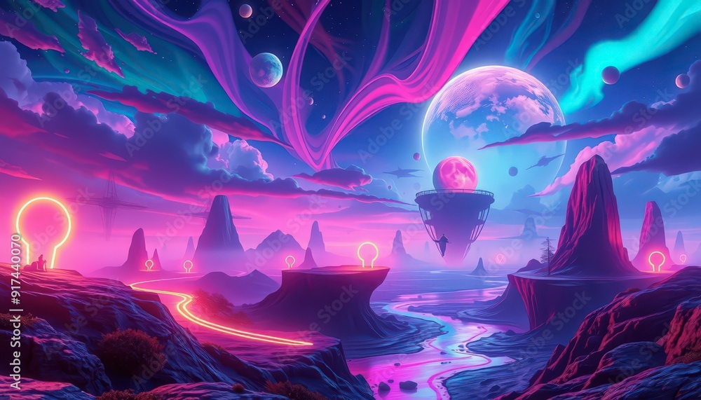 Fototapeta premium Neon Dreamscape A Journey Through a Vibrant Alien World.